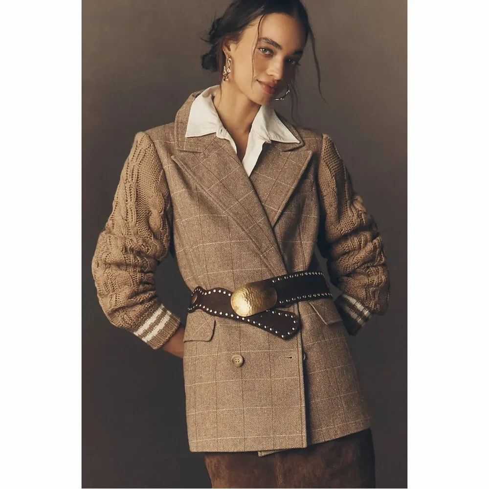Avec Les Filles Sweater Mix Wool Earthy Plaid Blazer XXS Paris-to-LA Poetcore